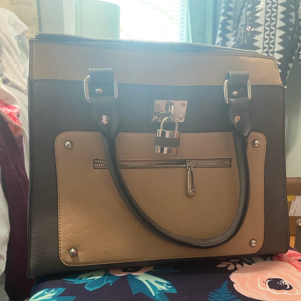 Charming Charlie Gray & Tan Lock Handbag Purse Bag
